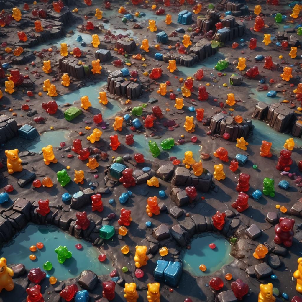Apocalyptic Gummy Bear Battlefield in Detailed Matte Paintin...