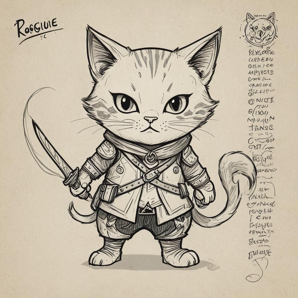 Dark Fantasy Cat Rogue Character Design in Sketchnote Style