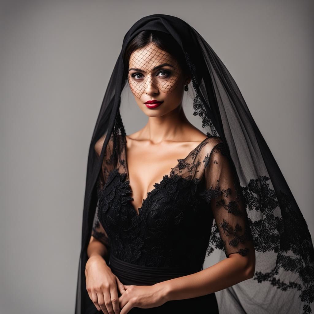 Woman in Black Dress and Veil Posing