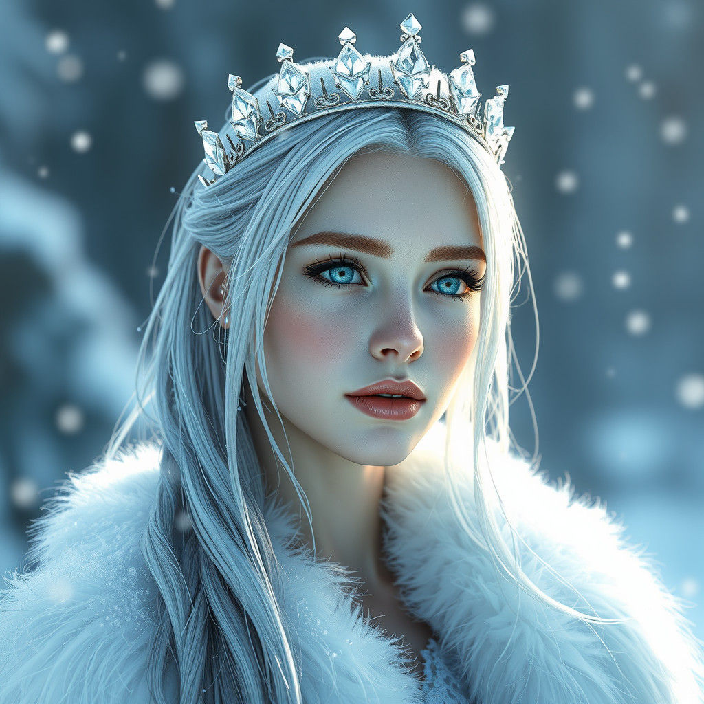Snow Queen Portrait with Crystal Crown in Photorealistic Sty...