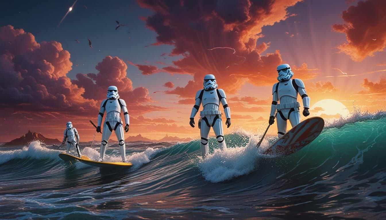 Cyberpunk Stormtroopers Ride Moonlit Waves Under Starry Skie...