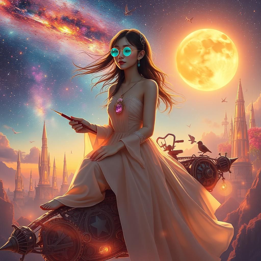 Cosmic Muse Astride Bicycle Spaceship in Sunset Galaxy