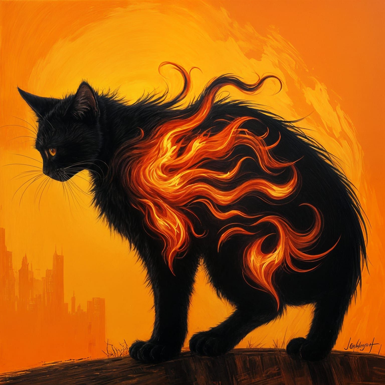 Fiery Cat Silhouette Oil Painting
