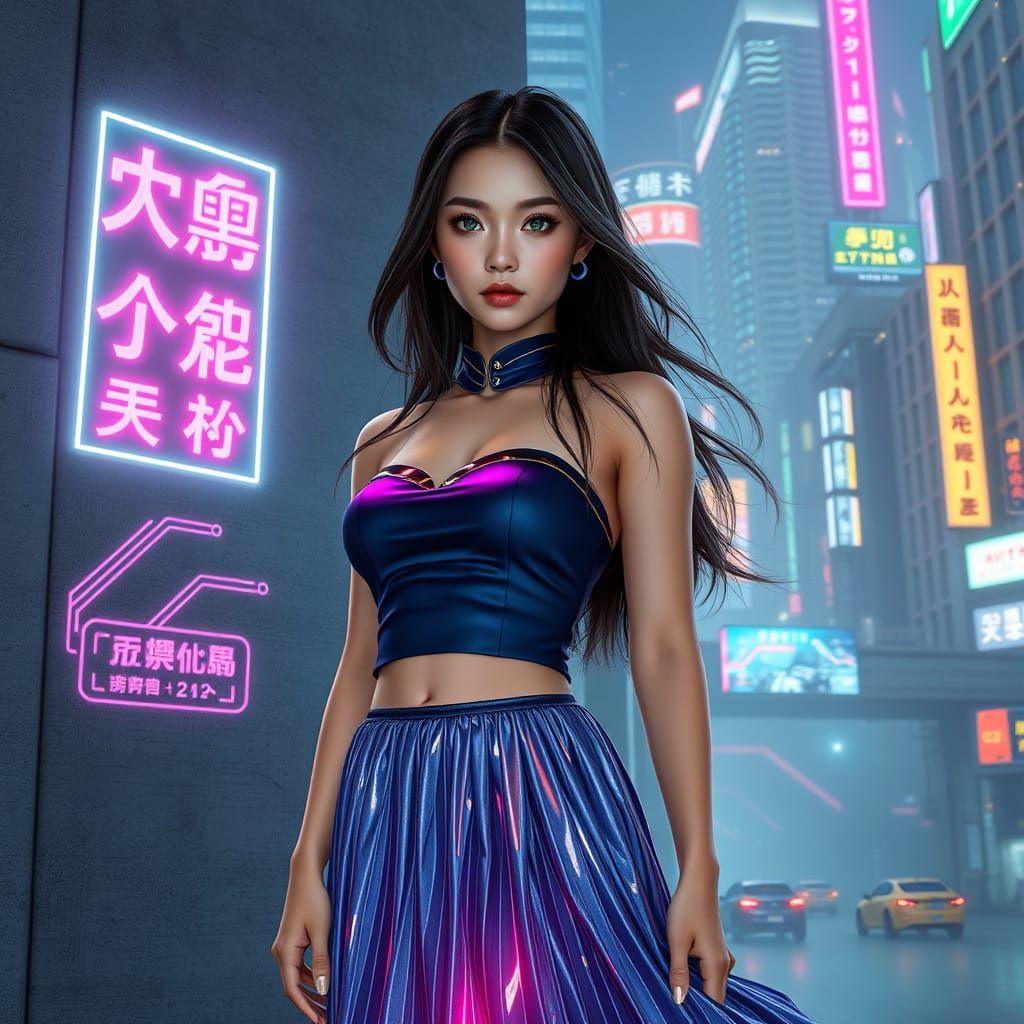 Cyberpunk Goddess in Neon-Lit Metropolis