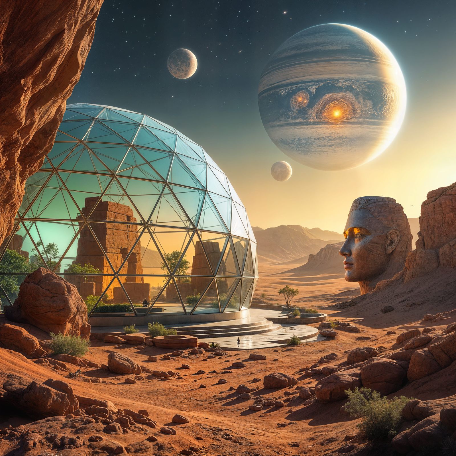 Futuristic Mars Dome with Ancient Ruins and Cosmic Views