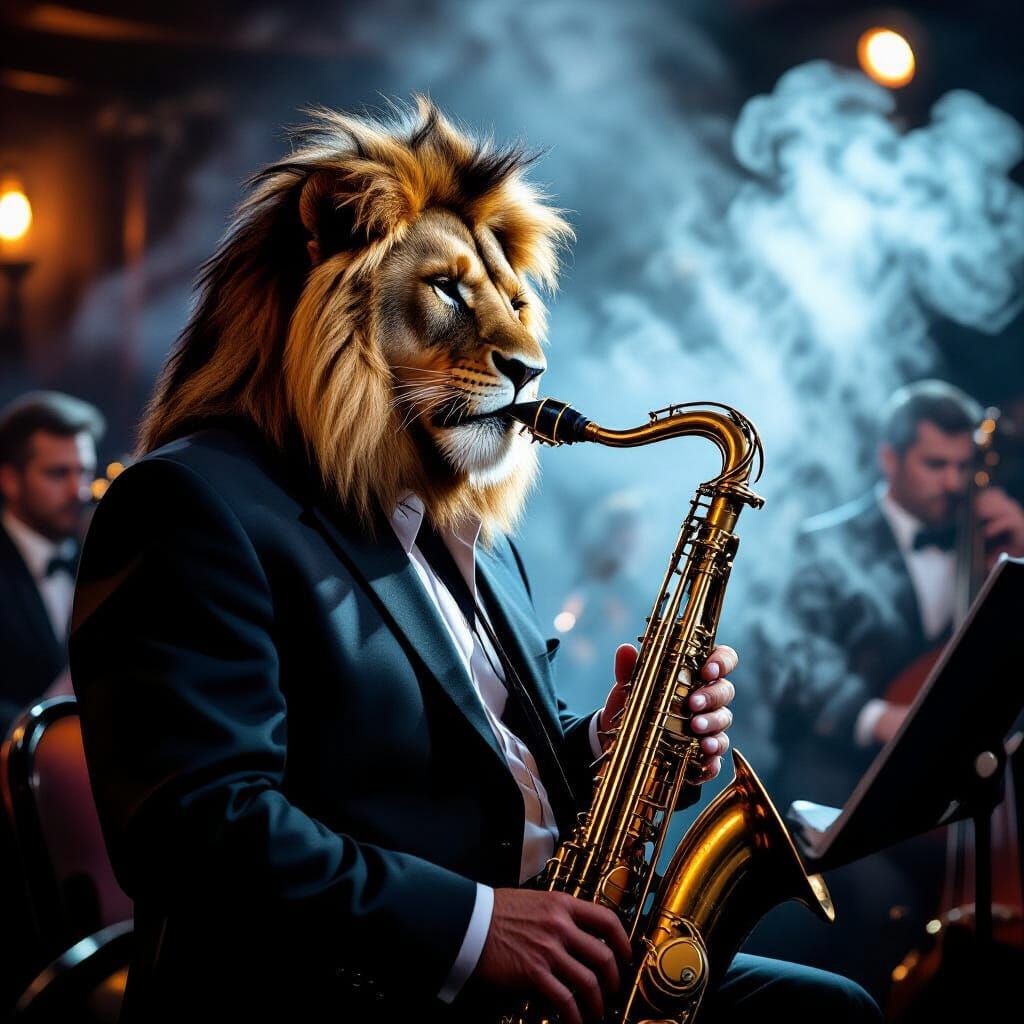 Soulful Lion King Plays Saxophone in Jazz Club