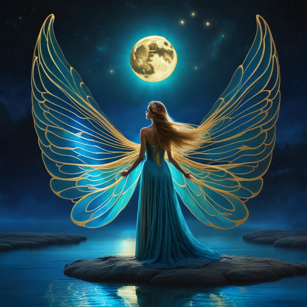 Blue Fairy in Bioluminescent Pond Under Cosmic Sky