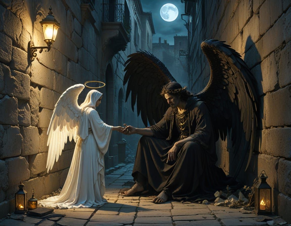 Angel Offers Hand to Nephilim in Moonlit Alley