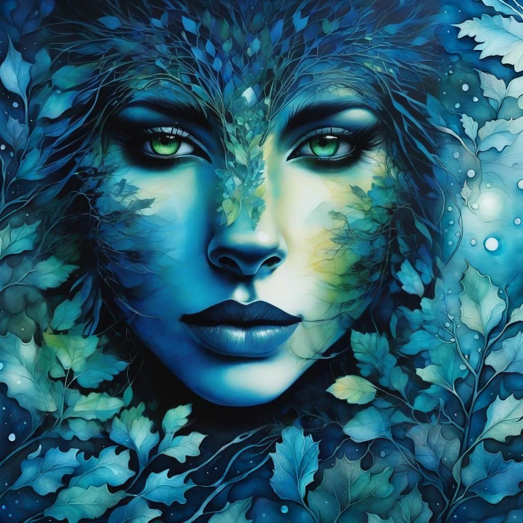 Female Werewolf in Forest: Surreal Alcohol Ink Art