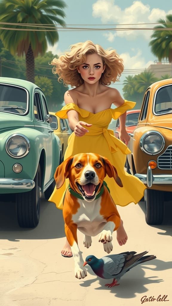 Woman Chasing Beagle in Stylized Vintage Scene