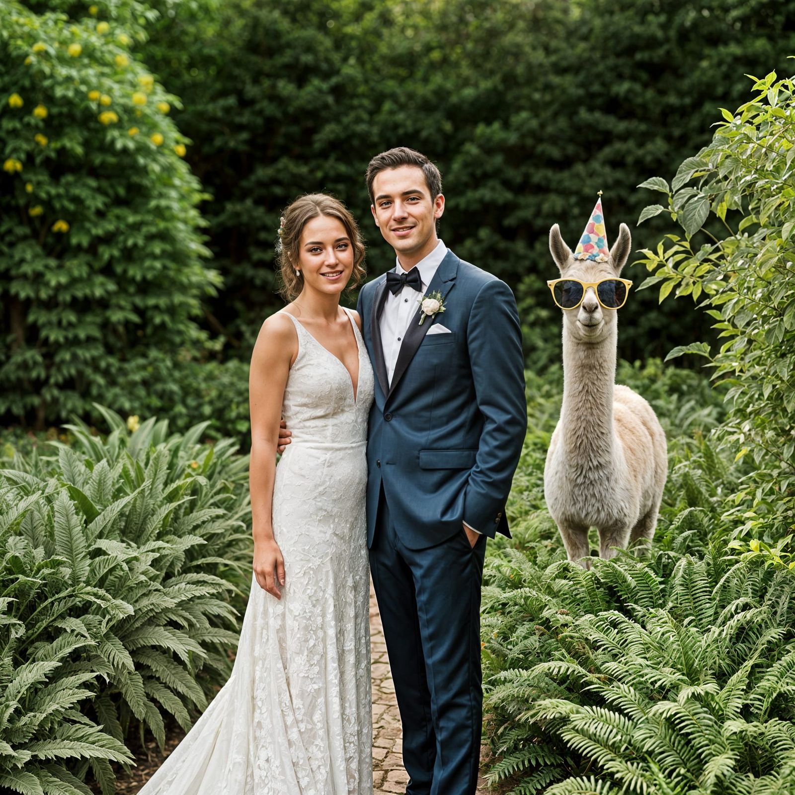 Llama Photobombing a Wedding in a Garden