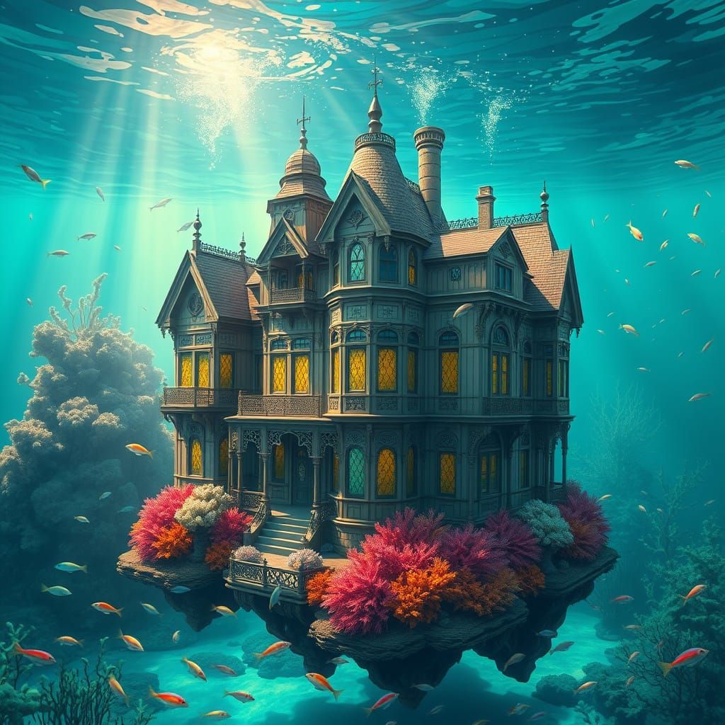 Majestic Victorian House Submerged in Turquoise Ocean