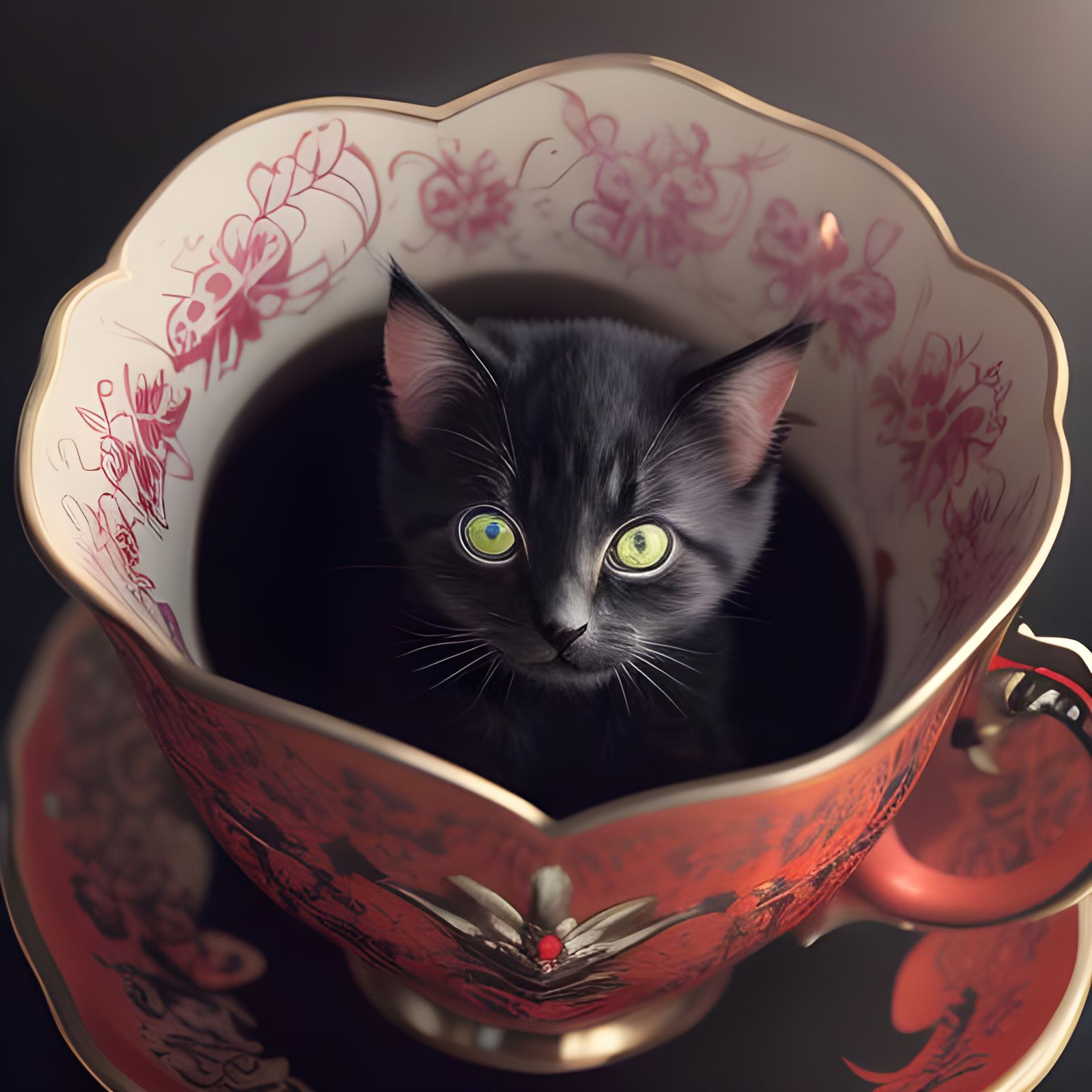 Kitten in Gothic Teacup: Hyperrealistic Splash Art
