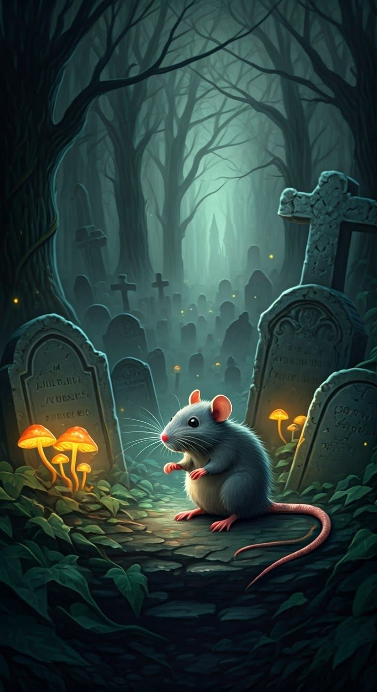 Whimsical Rat in Graveyard: Dark Fantasy Illustration
