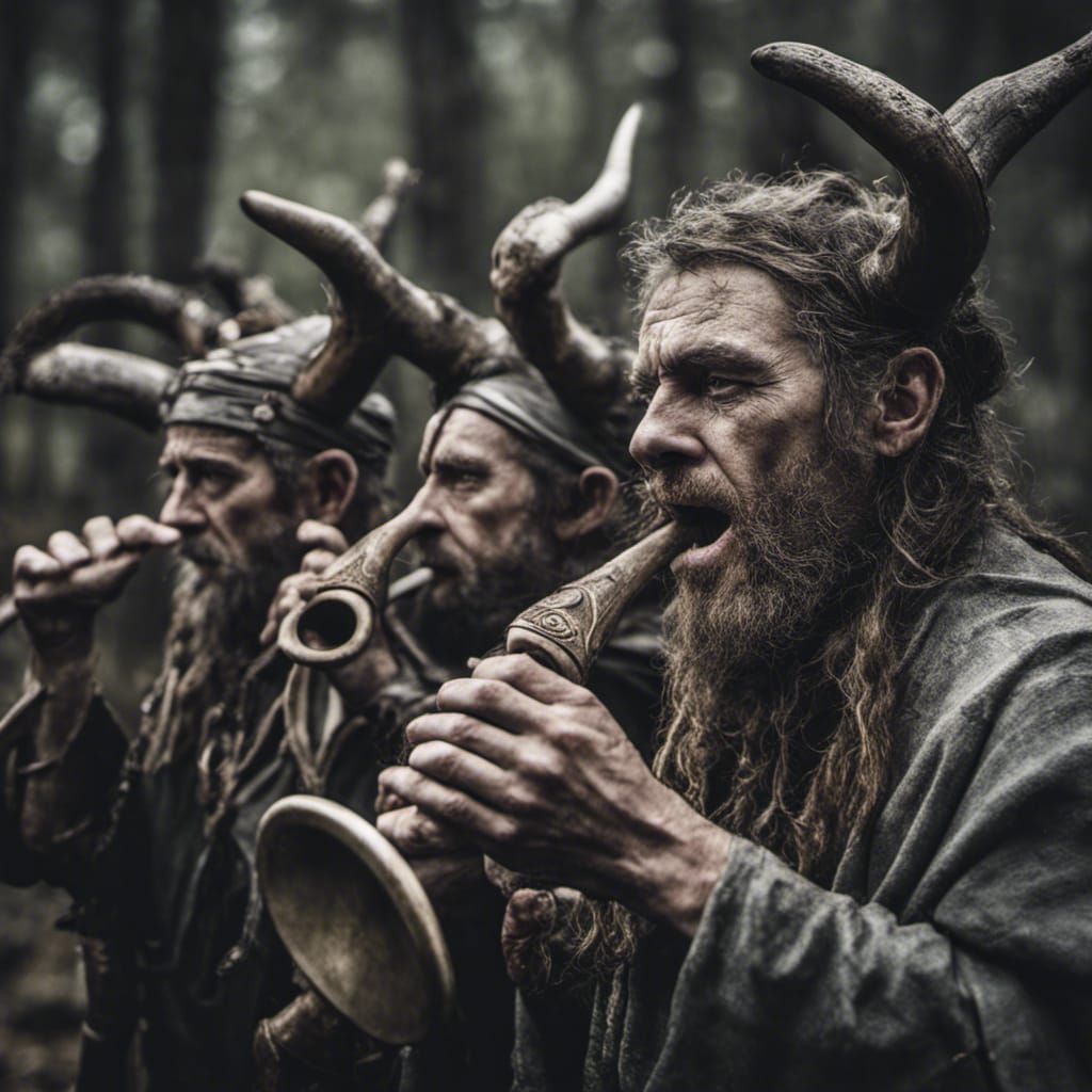 Celtic Warriors Sounding Carnyx Horns Before Battle