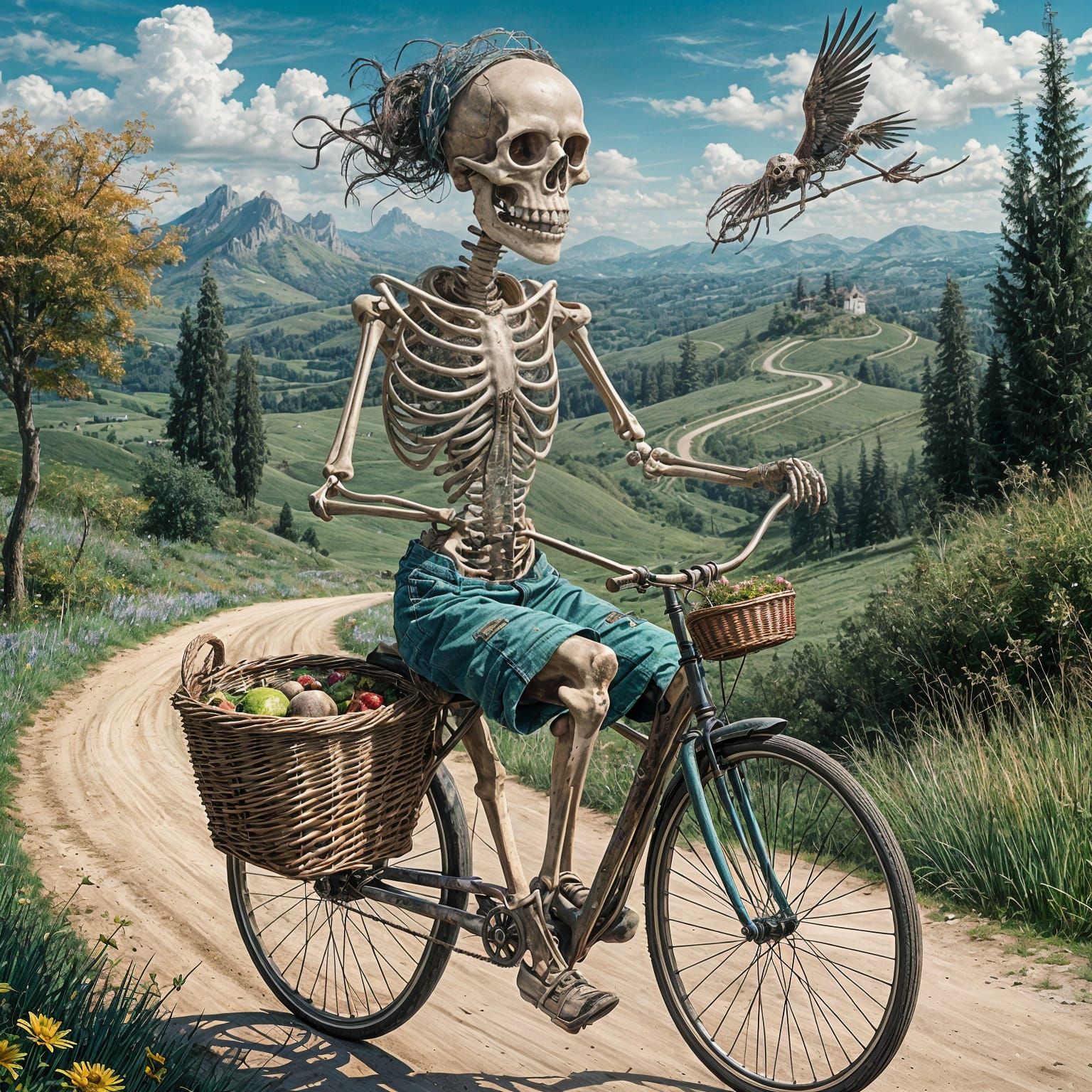 Surreal Skeleton Cyclist in Dreamlike Landscape