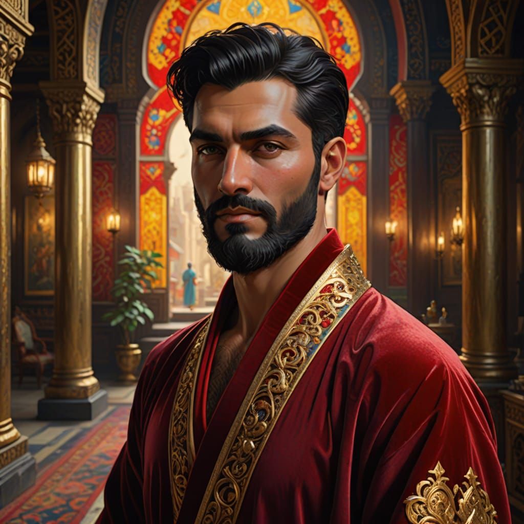 Elegant Man in Red Velvet Robe, Impressionist Style