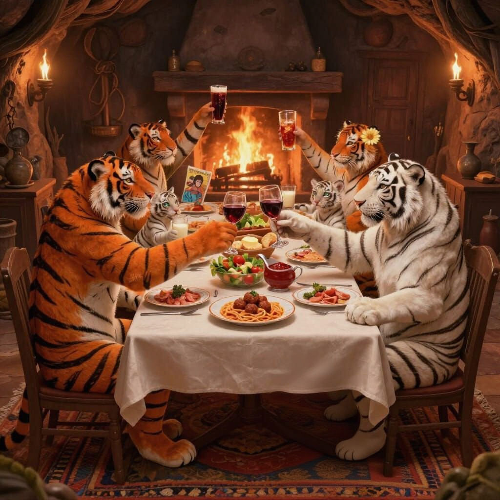 Tiger Family Enjoys Italian Feast in Lair