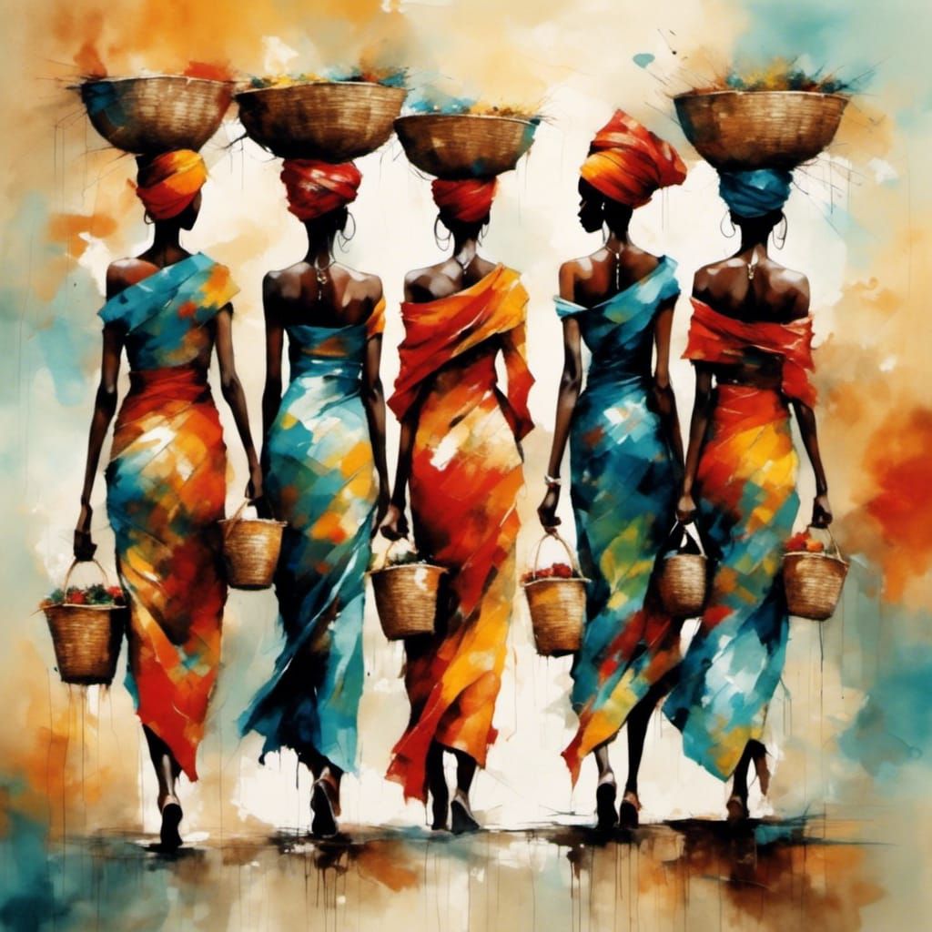 Colorful Painting of African Women Walking
