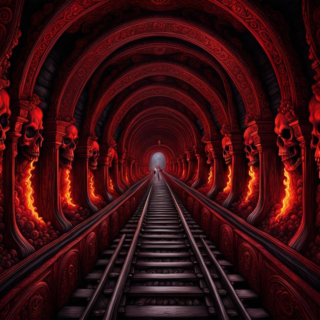 Intricate Skull Train in Hellish Cave Art
