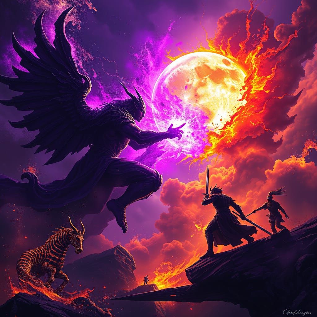 Epic Dark Fantasy Battle of the Sun and Moon