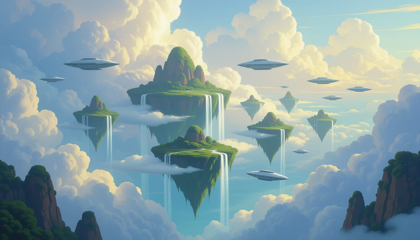 Floating Islands with Waterfalls and Airships in Epic Matte ...