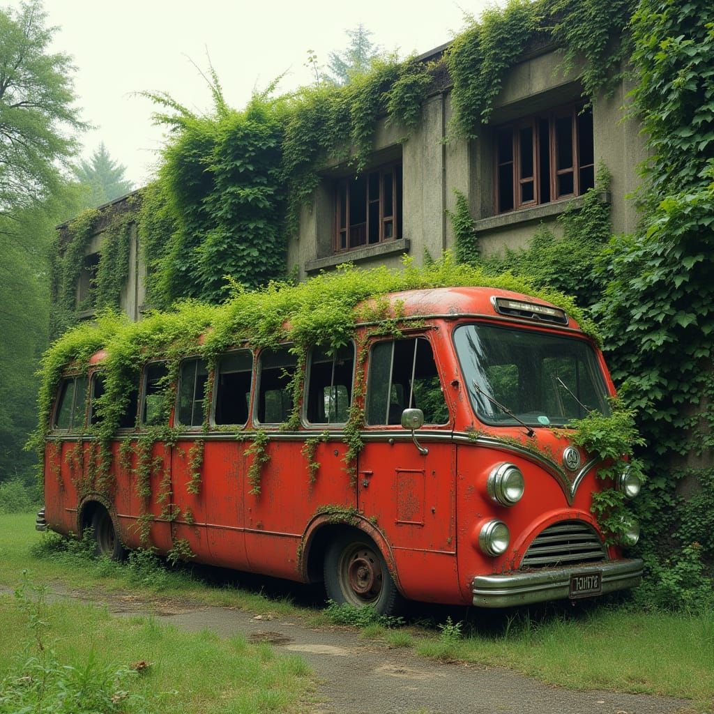 Ivy-Covered Fire Engine Bus in Futuristic Ruins