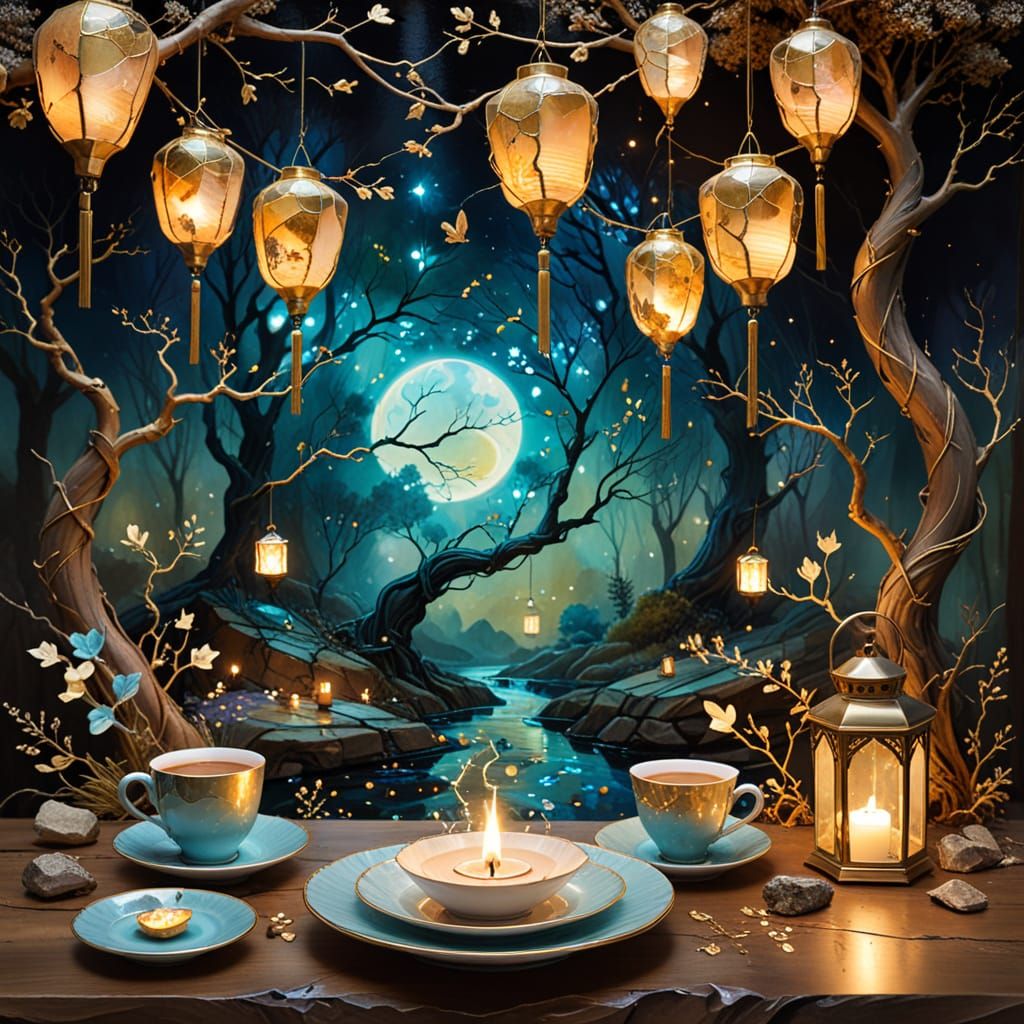 Mystical Woodland Cafe with Floating Lanterns
