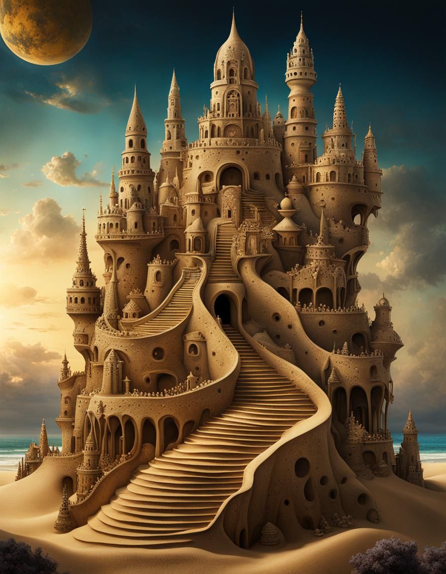 Surreal Sand Castle with Winding Stairways