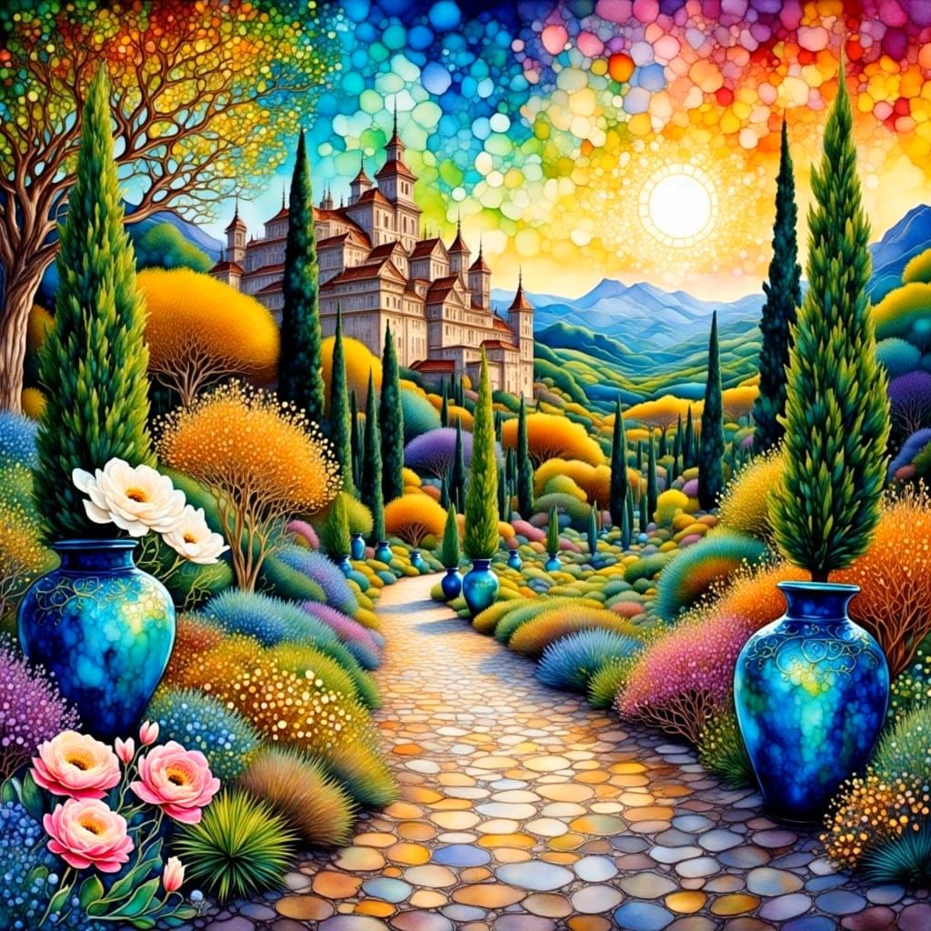 Surreal Italian Cypress Garden with Majestic Castle in Sunse...