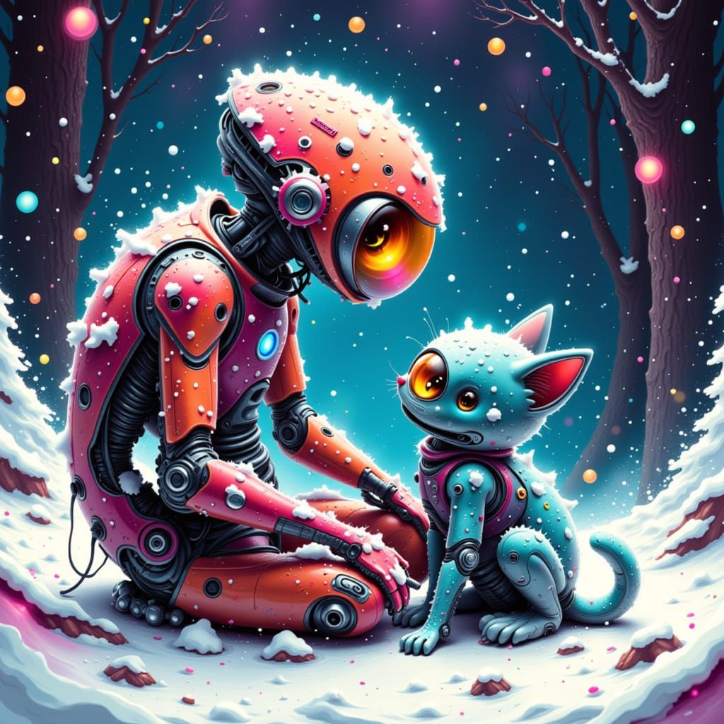 Robot and Kitty in Cosmic Winter Landscape