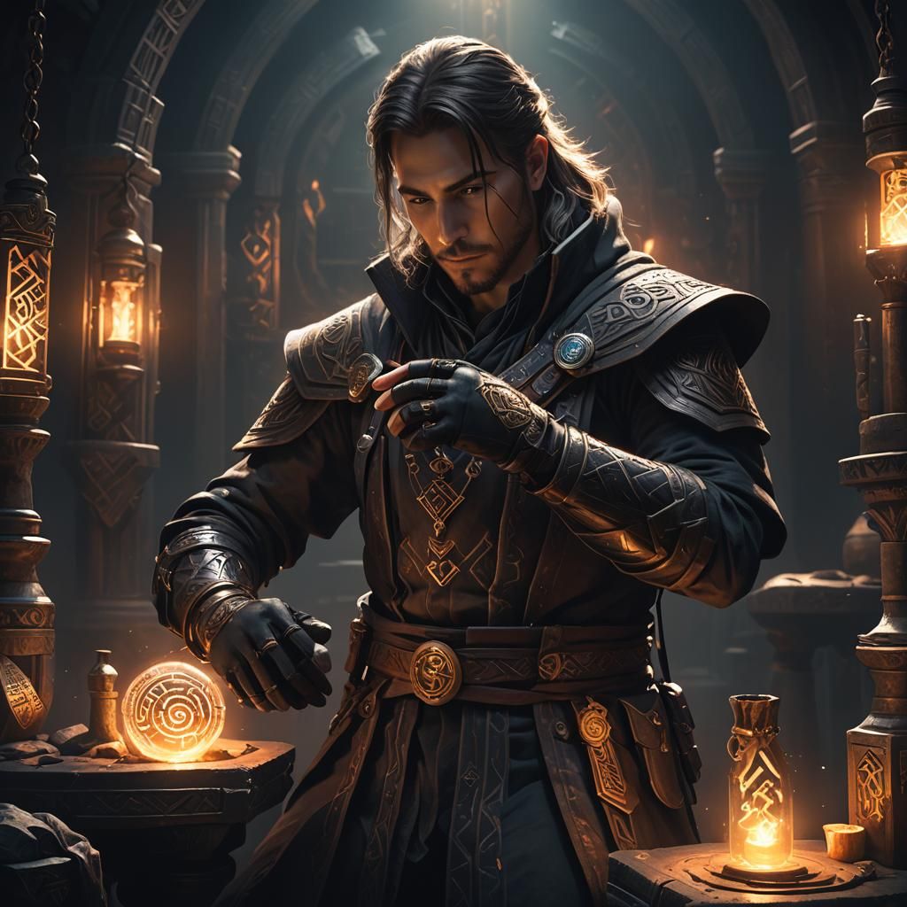 Human Artificer Infusing Magic in Dark Fantasy Style