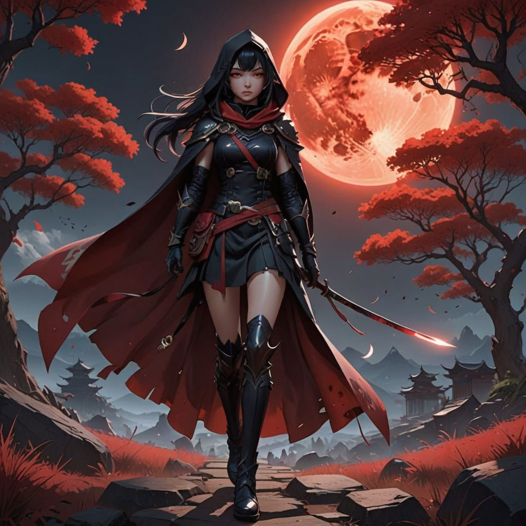 Cyberpunk Adventurer Girl Under Blood Moon