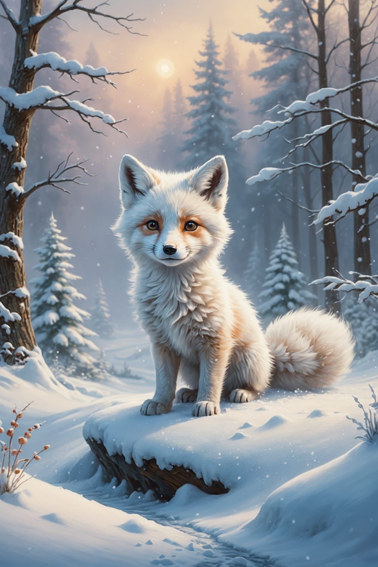 Cute White Fox Cub in Snowy Landscape