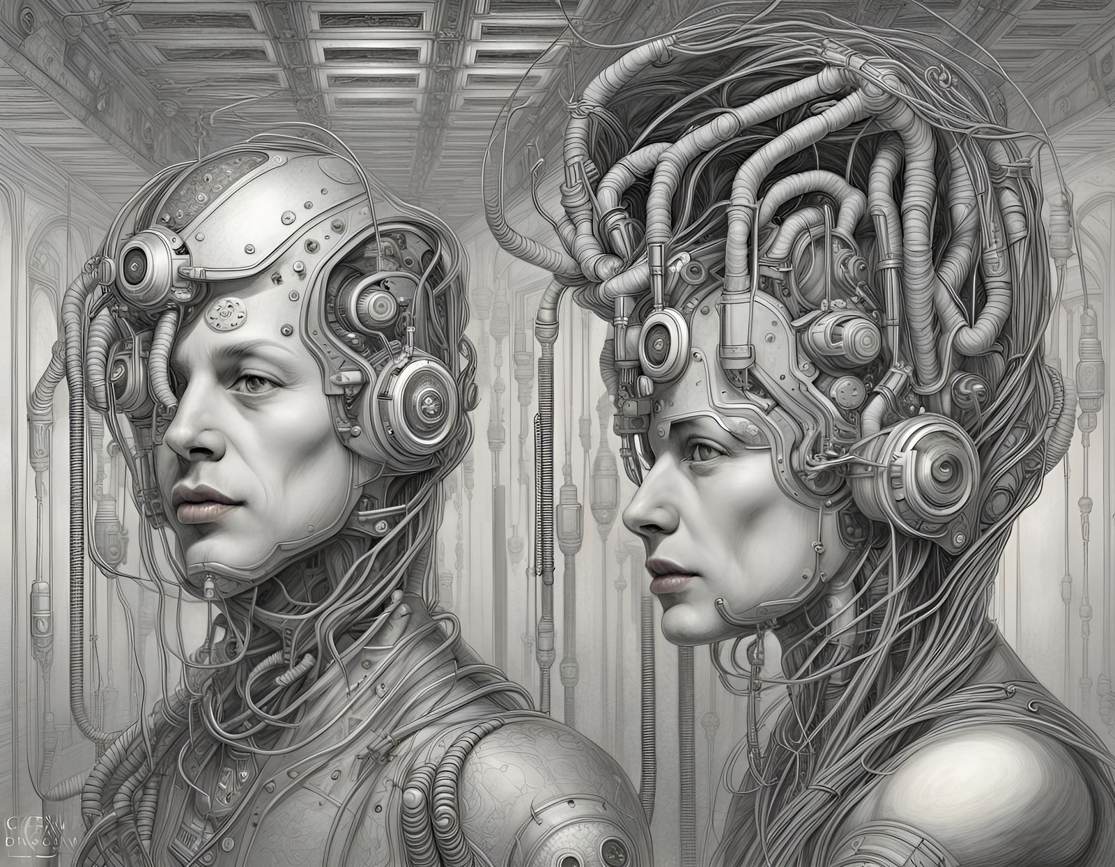 Mirrored Cyborg Heads Pencil Drawing in Dark Tunnel