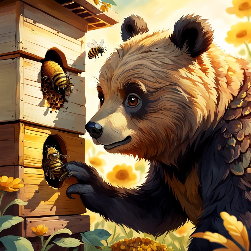 Whimsical Bear and Bee in Watercolor Style