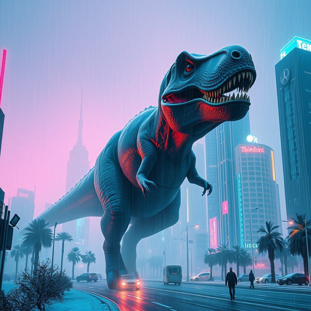 Tyrannosaurus Rex Emerges from Urban Fog in Neon-lit Citysca...