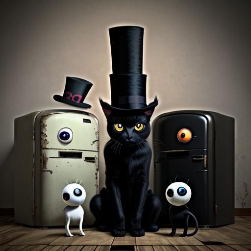 Eyeball in Top Hat with Cats: Surreal 3D Art