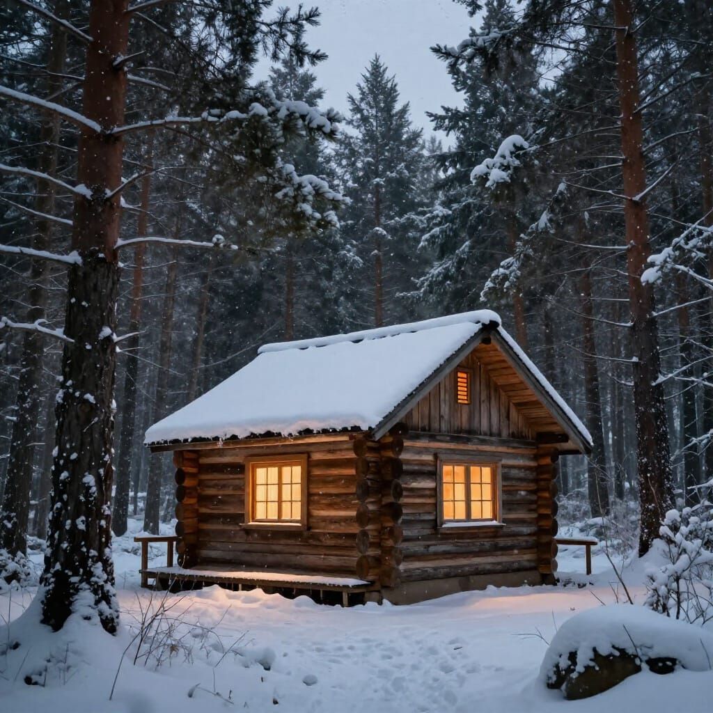 Rustic Log Cabin in Snowy Forest