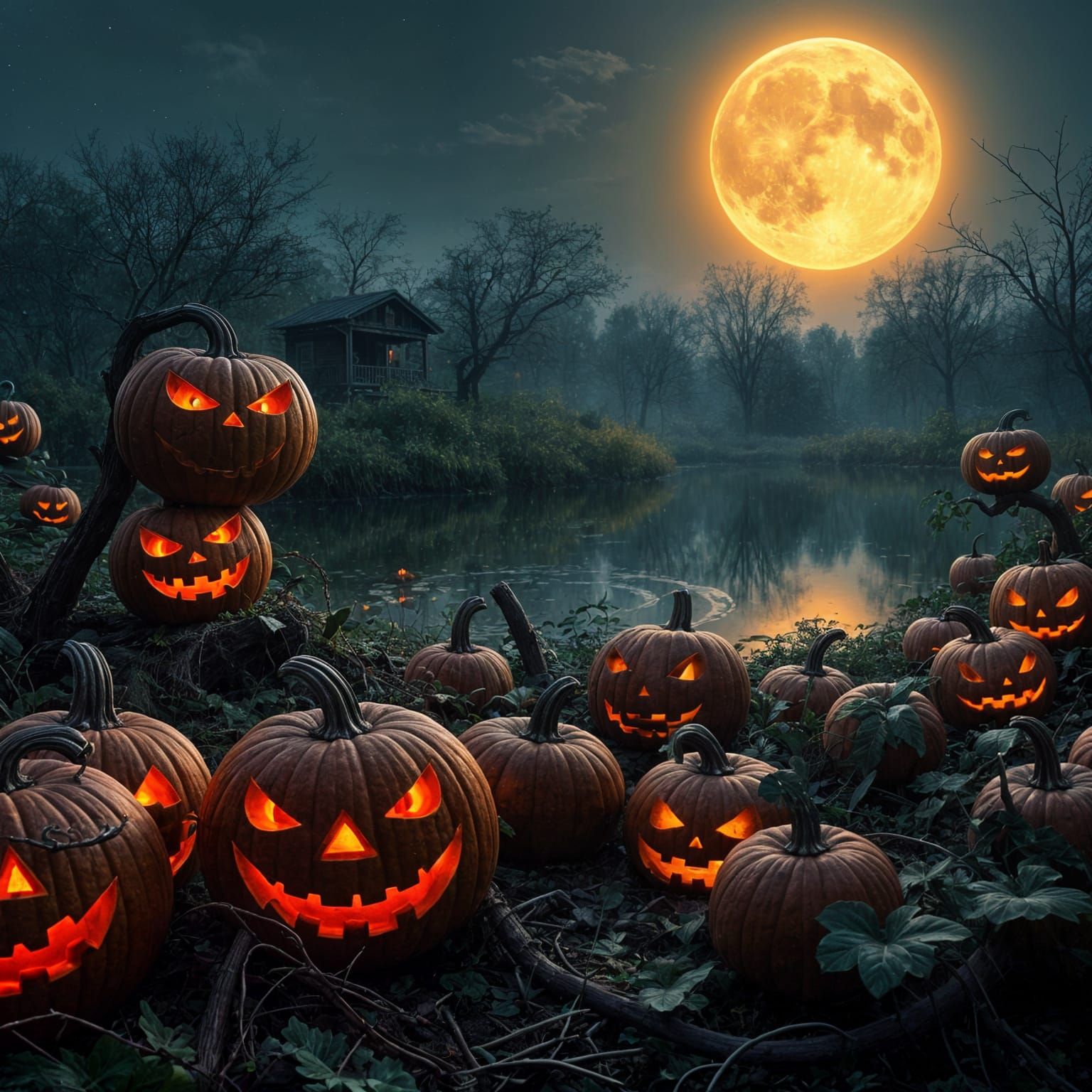Sinister Jack-o'-Lanterns Under Full Moon in Monet Style