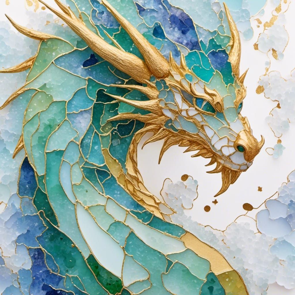 Sea Glass Dragon Head with Gold Enamel Details