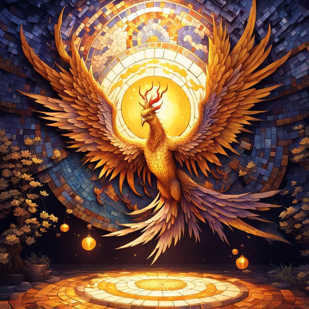 Chinese Phoenix Mosaic Art in Dark Fantasy Style