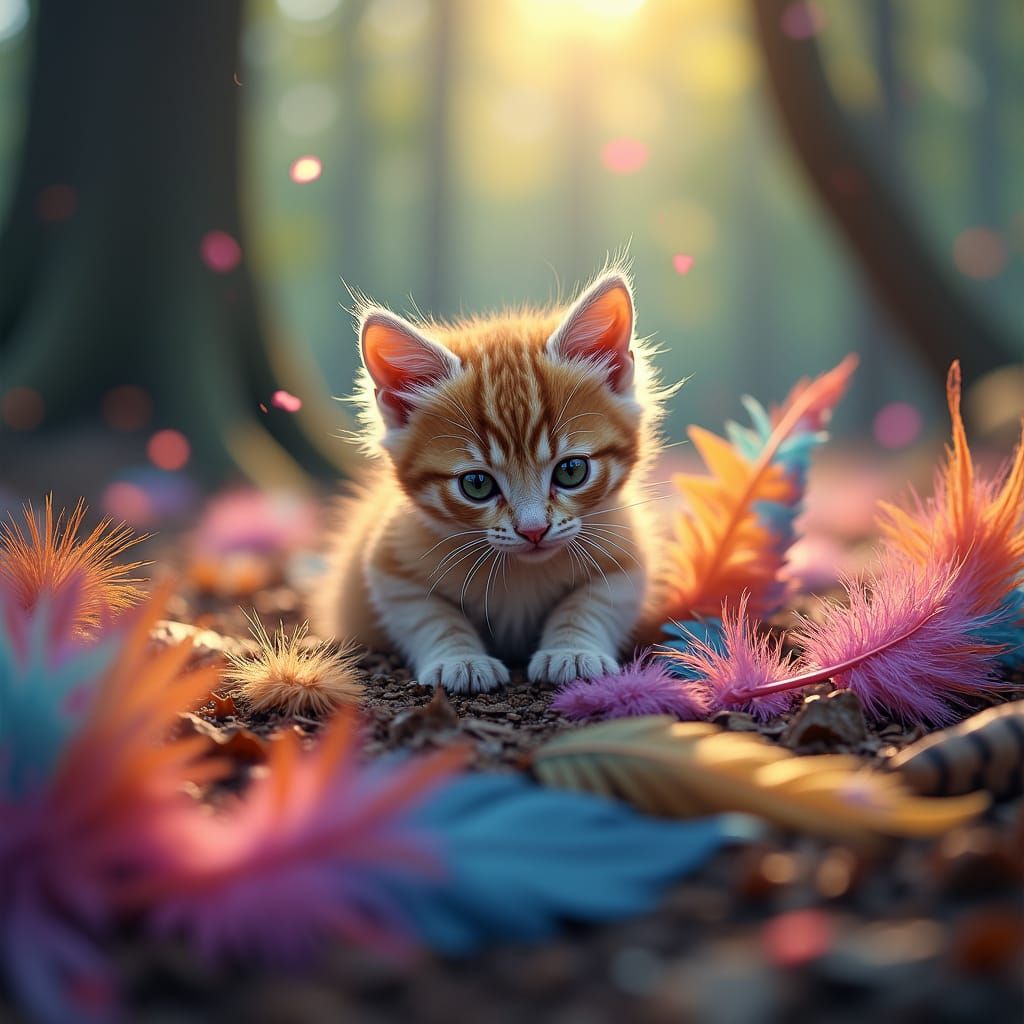 Ragdoll Kitten Playing in Feathers, Digital Art