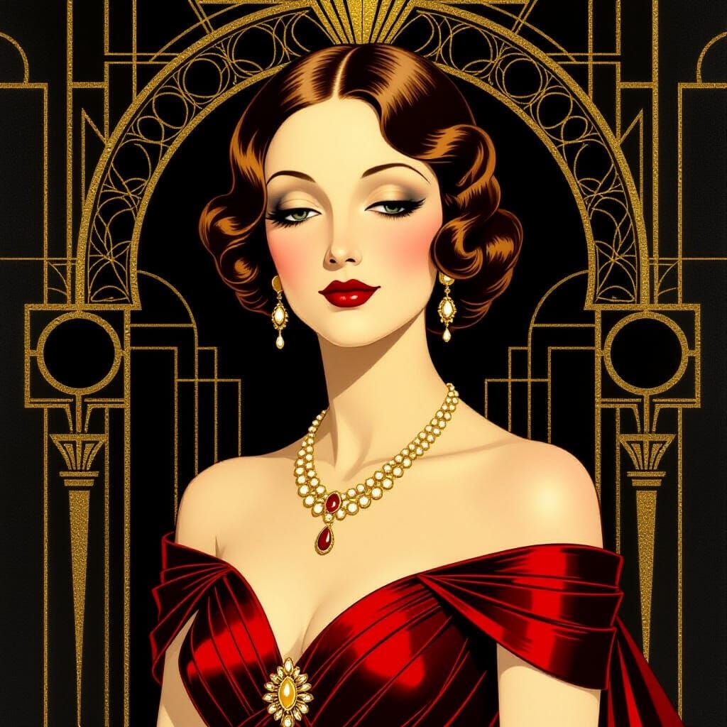 Elegant Crimson and Gold Art Deco Woman Portrait