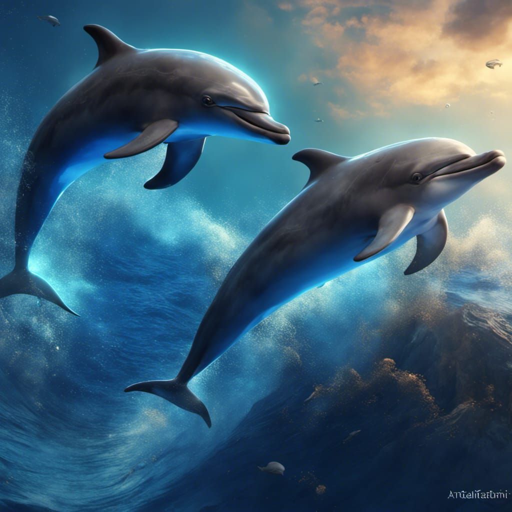 Dolphin with Hieroglyphic Tattoos in Lapis Lazuli Sea