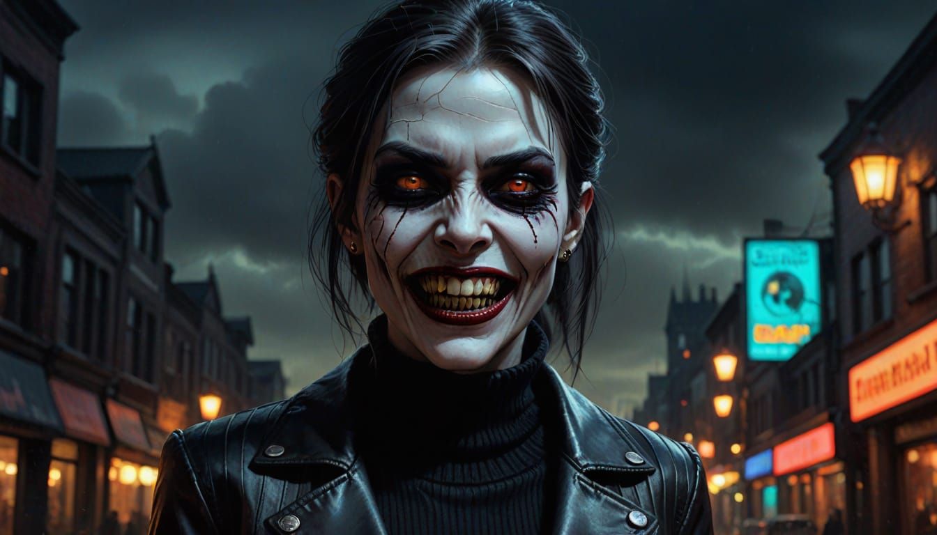 Eerie Undead Vampire Woman with Sharp Fangs