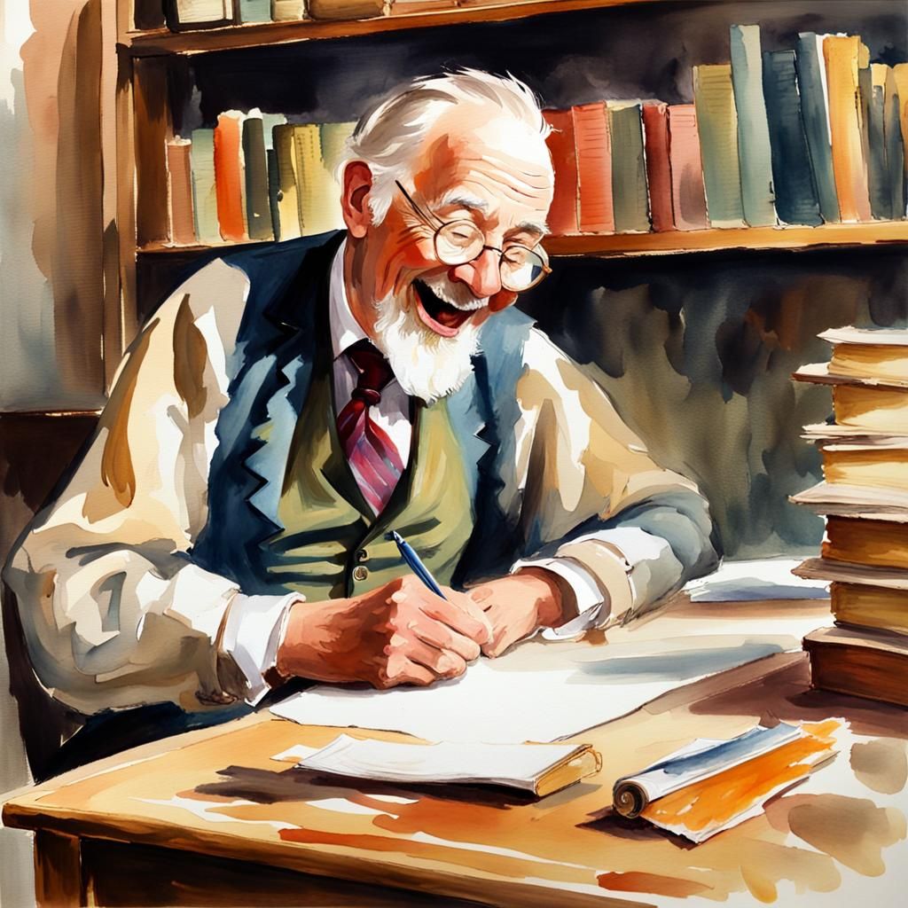 Laughing Gentleman Writing Letter in Gouache Style