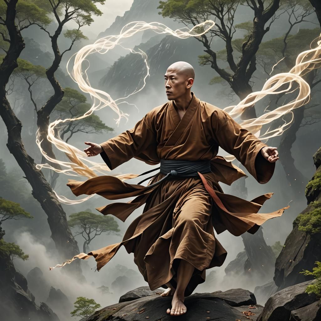 Young Monk Controls Wind on Forest Mountain
