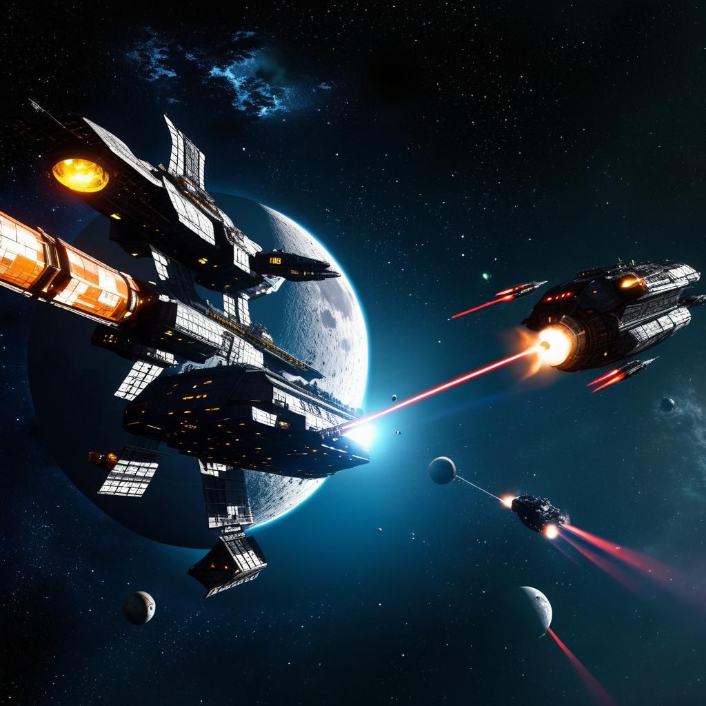 Space Freighter Evading Pirate Ship Near Ringed Planet