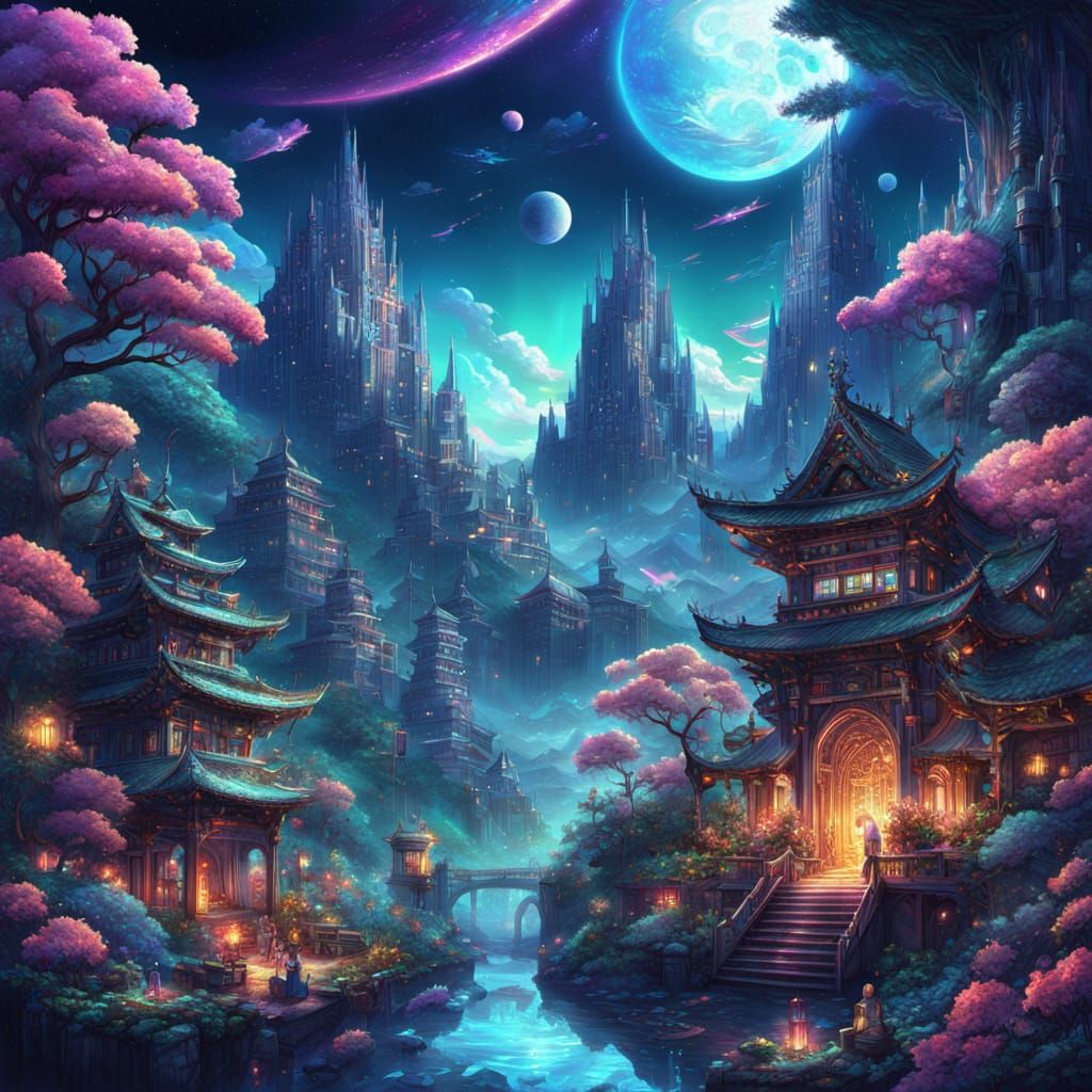 Cosmic Holographic Illustration in Pablo Amaringo Style